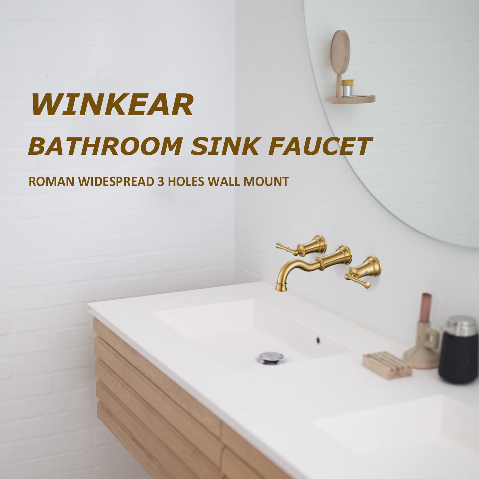 WINKEAR Wall Mount Bathroom Sink Faucet 3 Hole Brushed Gold 2 Lever Handles 8 inch Widespread Lavatory Faucet 360° Swivel Spout Brass Rough-in Included