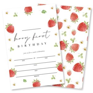 grace yonks berry first birthday invitation, 20 invitations and envelopes, strawberry birthday party invitations, birthday party supplies.(050-1)