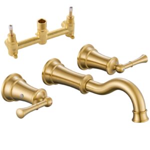 winkear wall mount bathroom sink faucet 3 hole brushed gold 2 lever handles 8 inch widespread lavatory faucet 360° swivel spout brass rough-in included