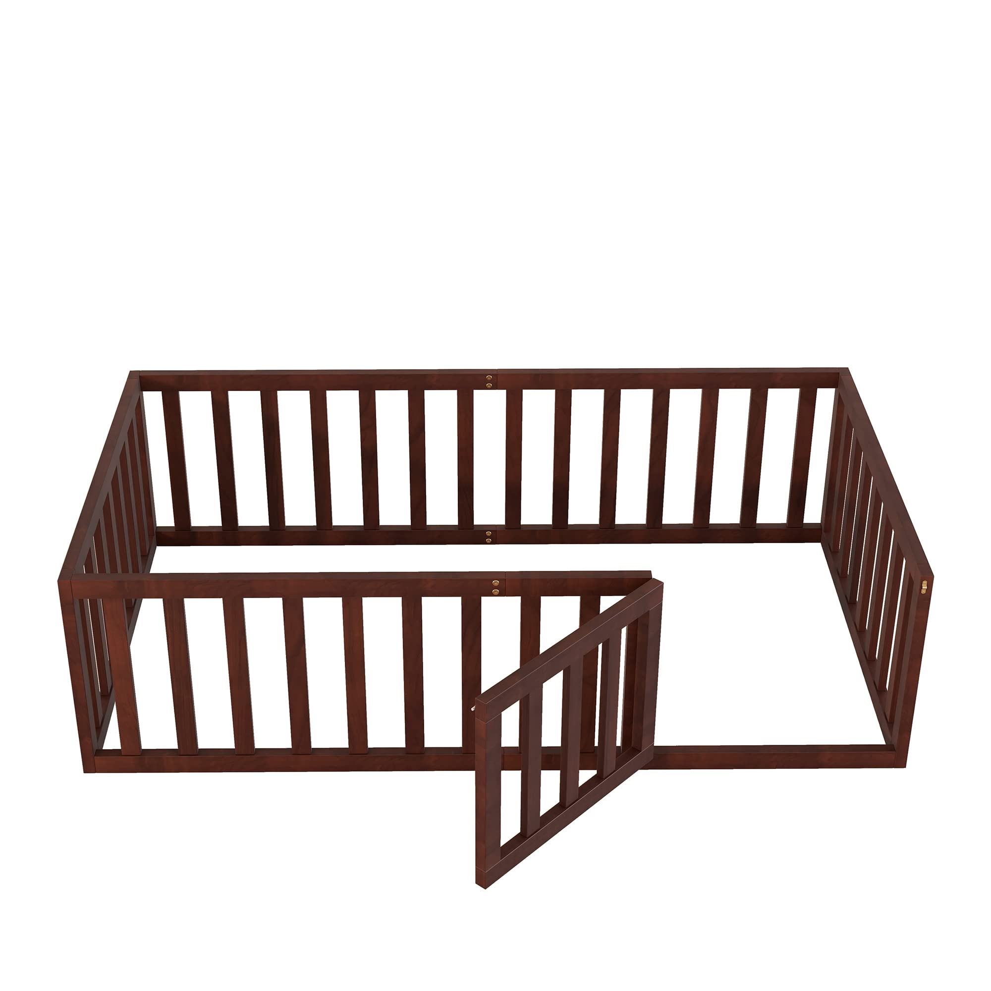 Merax Twin Size Wood Floor Bed Frame with Fence and Door (Walnut)