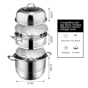 WUWEOT 11" Steamer Pot, 3 Tier Stainless Steel Steaming Pot Dim Sum Cookware, Food Vegetable Cooking Pan With Stackable Pan Insert/Lid for Vegetable, Dumpling, Stock, Sauce, Food