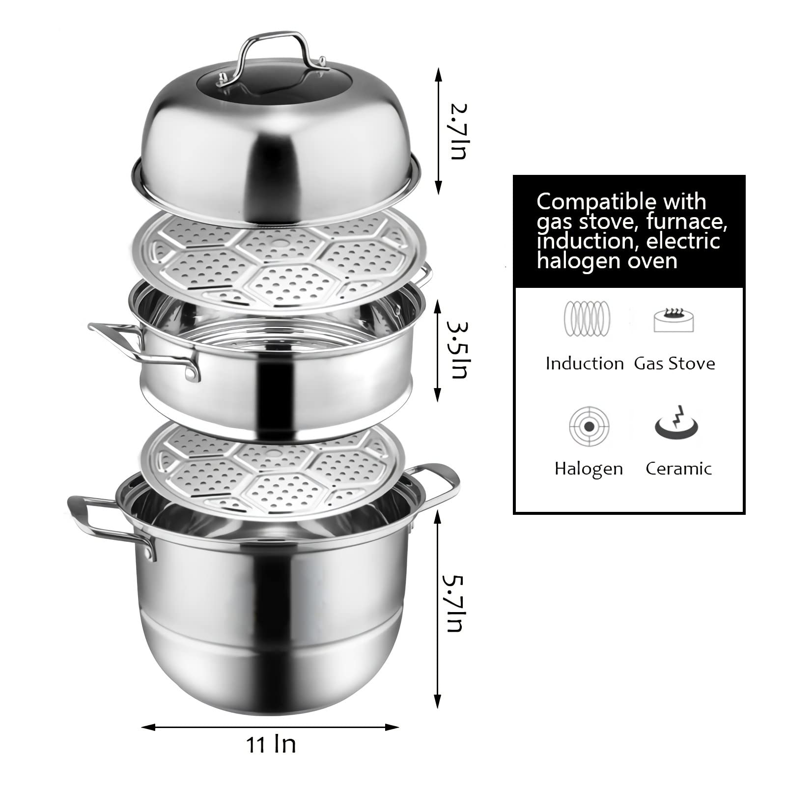 WUWEOT 11" Steamer Pot, 3 Tier Stainless Steel Steaming Pot Dim Sum Cookware, Food Vegetable Cooking Pan With Stackable Pan Insert/Lid for Vegetable, Dumpling, Stock, Sauce, Food