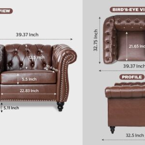 Vaztrlus Brown Leather Sectional Chesterfield Sofa Set, Luxury Couch for Living Room, Comfy Deep-Seat 3-Seater Couch and Chair Set for Bedroom, Office, or Apartment. Tool-Free 2-Piece Assembly.