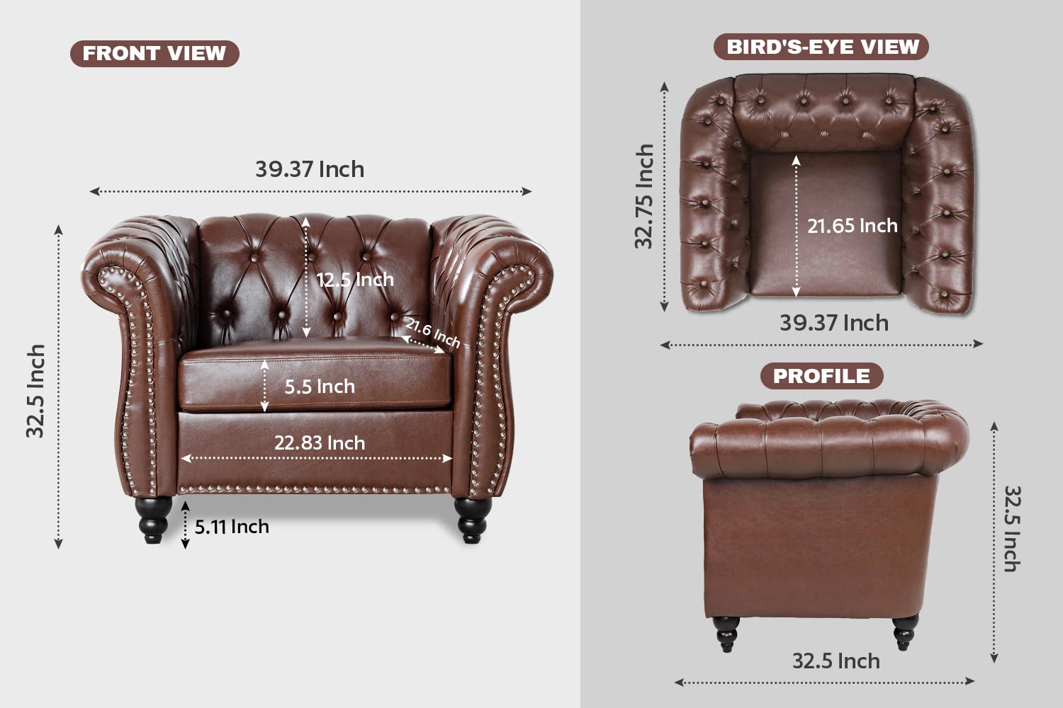 Vaztrlus Brown Leather Sectional Chesterfield Sofa Set, Luxury Couch for Living Room, Comfy Deep-Seat 3-Seater Couch and Chair Set for Bedroom, Office, or Apartment. Tool-Free 2-Piece Assembly.