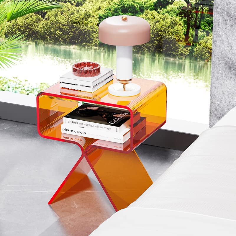 solaround Acrylic Nightstand Side Table Modern Design Clear Home Decor Display End Table for Living Room (Orange)