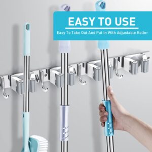 Broom Mop Holder Wall Mount, Garage Organization Tool Organizer Storage Broom Closet Kitchen Organization Heavy Duty Garage Tools Hanger with 3 Racks 4 Hooks for Home Kitchen Garden Laundry Room