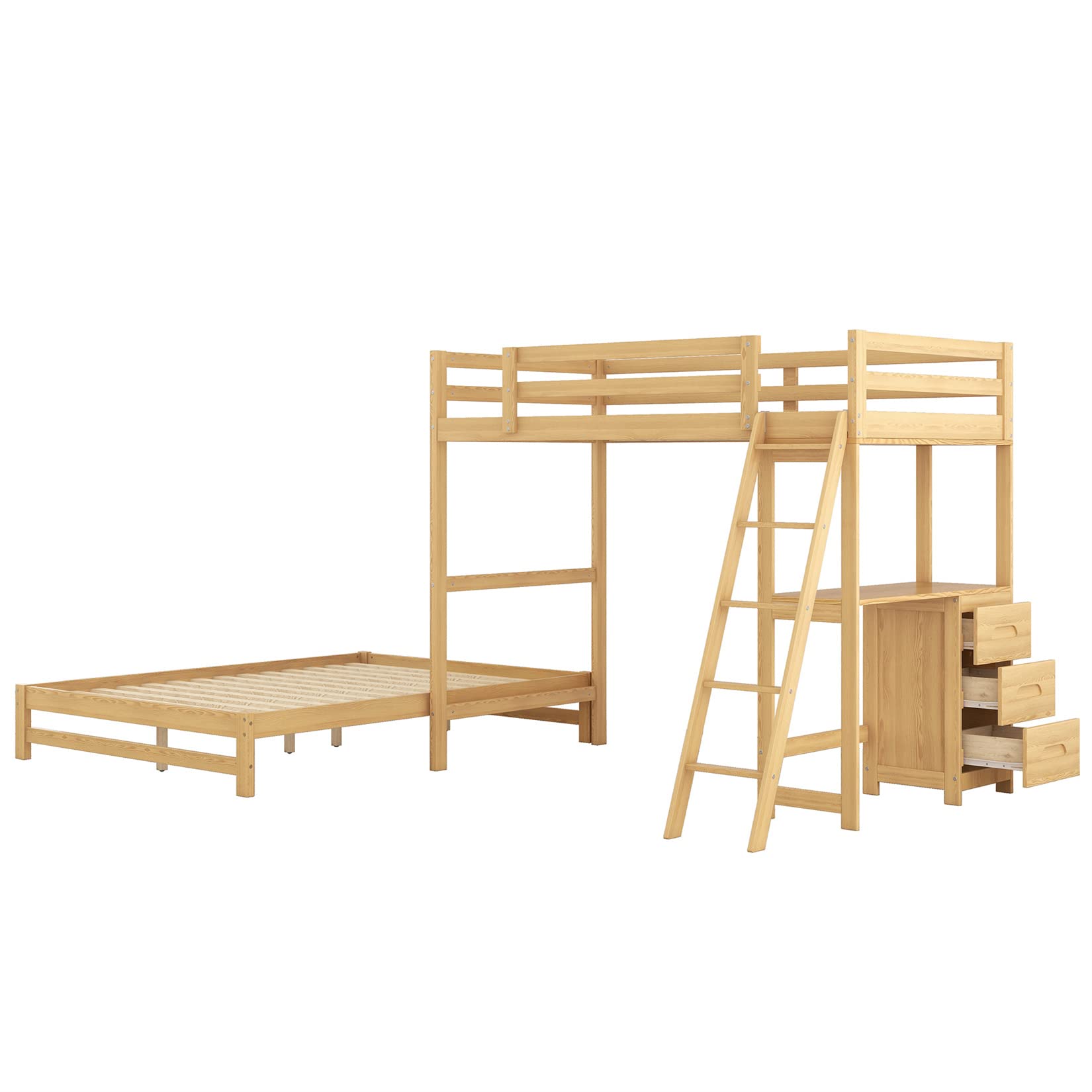 Bellemave Twin Over Full Bunk Bed with Desk and Storage Drawers Wood Convertible Loft Beds Can Be Separated into 2 Kids Bunked Frame for Girls Boys Teens, Natural