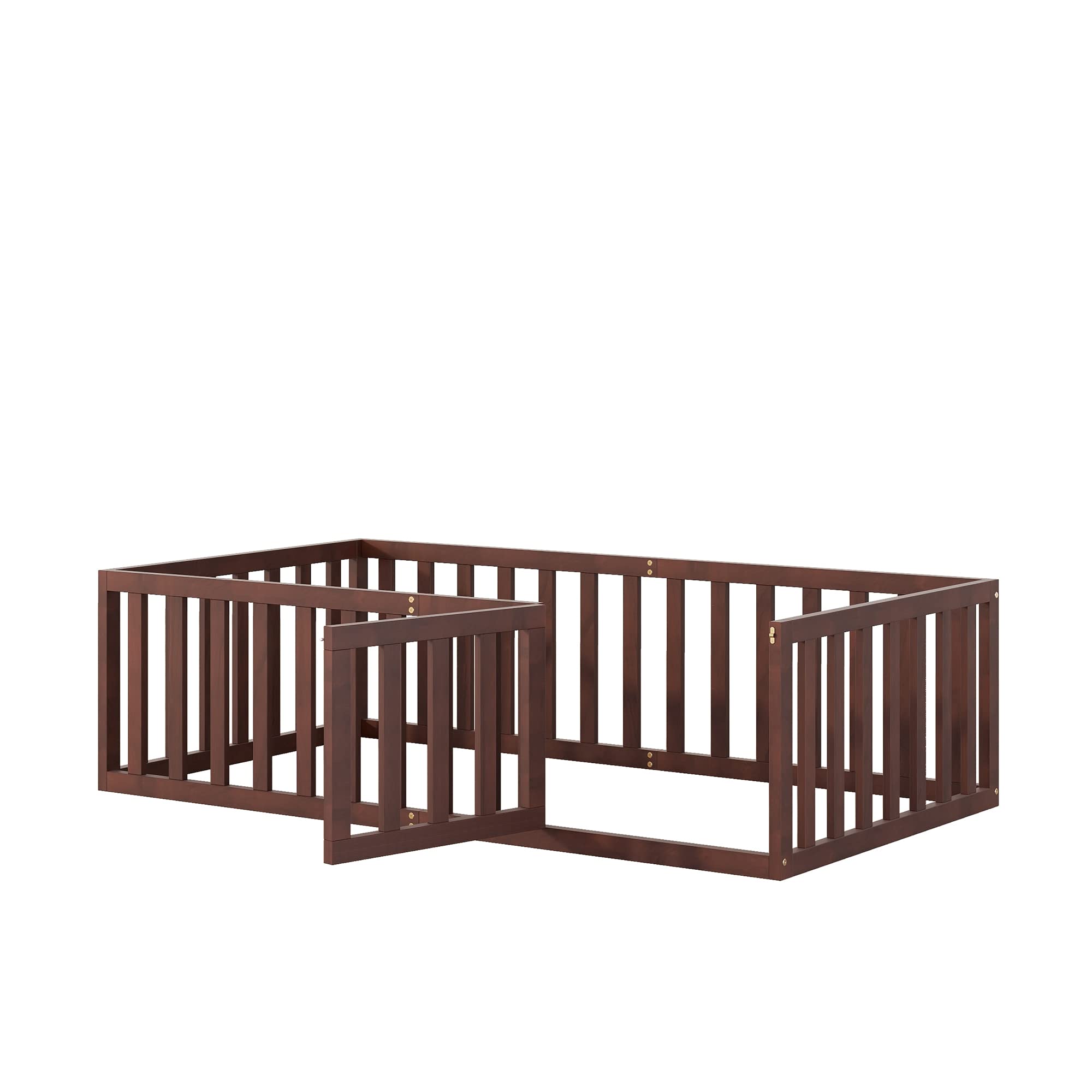 Merax Twin Size Wood Floor Bed Frame with Fence and Door (Walnut)