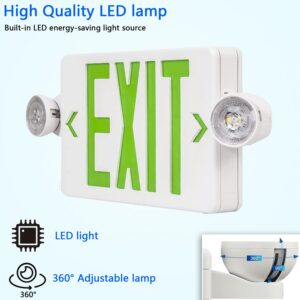 Green LED Exit Sign Emergency Light Combination Adjustable Two Heads and Battery Backup, US Standard Commercial Emergency Exit Lighting, Fire Resistant UL 924 AC 120/277V (4-Pack)