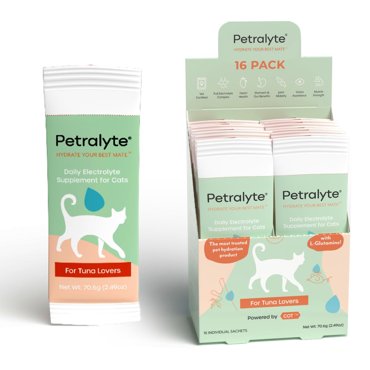 Petralyte Cat Hydration Electrolyte and Cat Joint Supplement | Glucosamine, Chondroitin & MSM for Immunity and Mobility with L-Glutamine, Taurine, Lysine & Prebiotics | for Tuna Lovers | 16 Packets