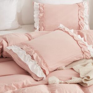 Shabby Chic 3 Pieces Bedding,Vintage Ruffled Queen Duvet Cover Set with 2 Layers Ruffles,Soft Brushed Microfiber Set with Zipper Closure,Lightweight Duvet Cover Set