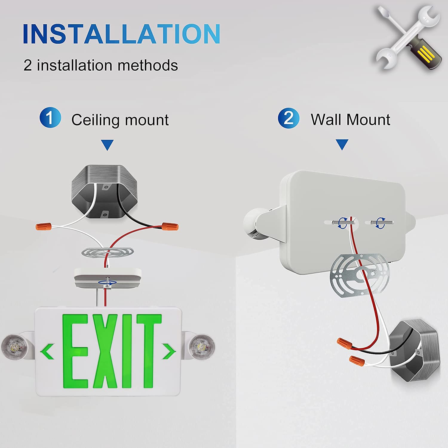 Green LED Exit Sign Emergency Light Combination Adjustable Two Heads and Battery Backup, US Standard Commercial Emergency Exit Lighting, Fire Resistant UL 924 AC 120/277V (4-Pack)