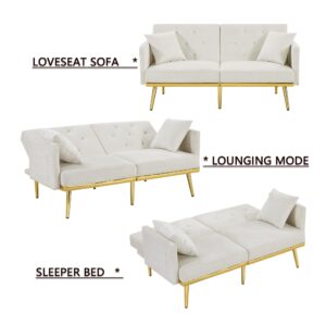 SEVENWOOD Velvet Convertible Loveseat Sleeper Sofa Bed for Small Spaces, Small Sofa Bed Couch with 3 Adjustable Backrest and 6 Gold Metal Legs for Living Room. (Off-White)