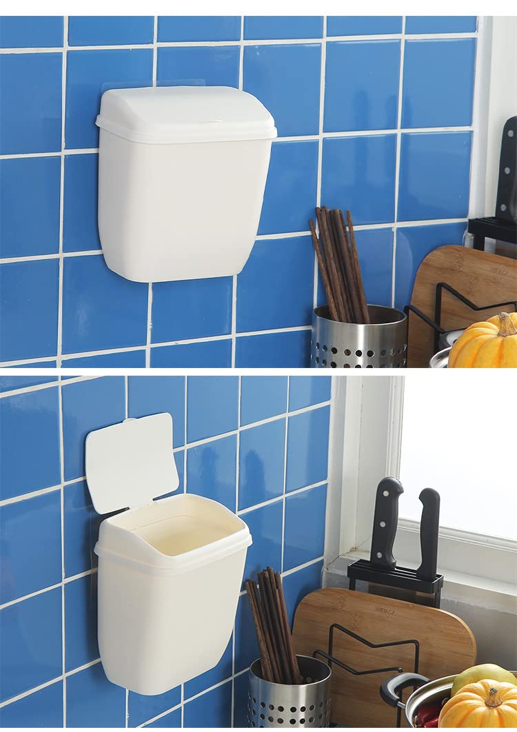 LELAKAYA White Plastic Dustbin Trash Can with Lid Wall Mounted Waste Bin Kitchen Hanging Ashbin for Bathroom Toilet Punch-Free Bin