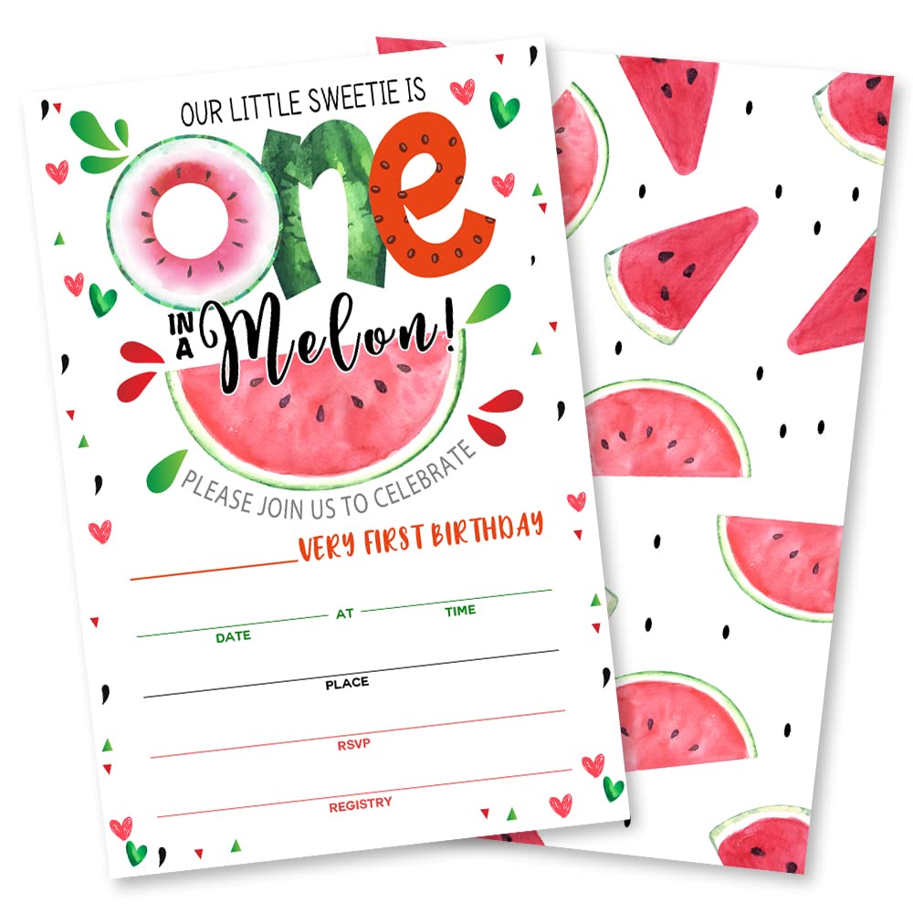 Red Watermelon Party, One in a Melon, 1st Birthday Invitation, 20 Invitations and Envelopes, Birthday party Invitations, Birthday Party Supplies.(040-1)