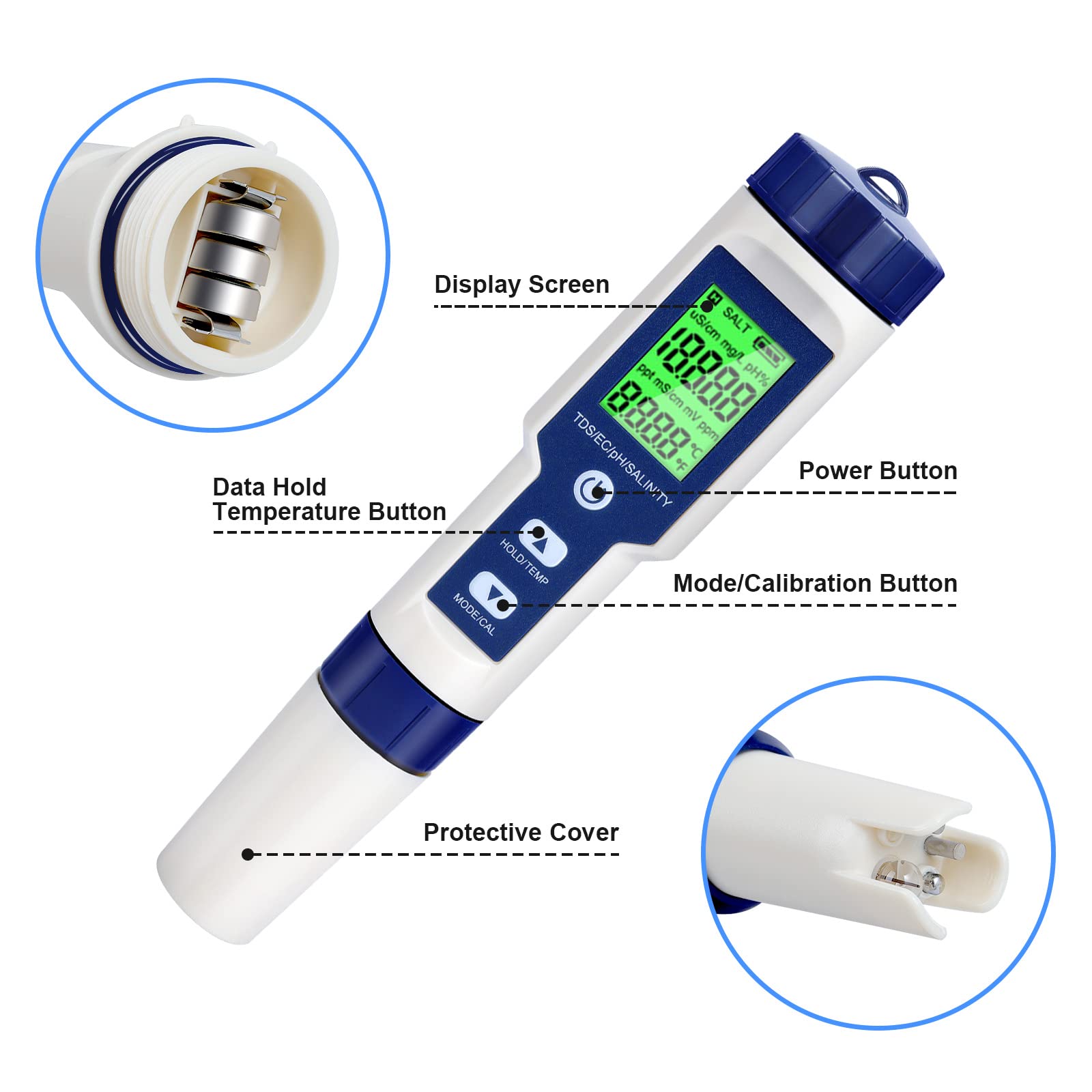 GuDoQi Digital PH Meter, 5 in 1 Water Quality Tester with Backlight, PH/TDS/EC/Salinity/Temp Meter with ATC, 0.01 Resolution High Accuracy Pen Type Tester, for Aquarium, Spas, Drinking Water