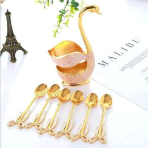 Watris Veiyi Coffee Spoons Set, Dessert Spoons Set, 6PCS Tea Spoons with Swan Base Holder, Metal Coffee Spoon Organizer, Stainless Steel Small Spoons for Coffee Cake Dessert Ice Cream Tea Fruit (Gold)