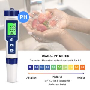 GuDoQi Digital PH Meter, 5 in 1 Water Quality Tester with Backlight, PH/TDS/EC/Salinity/Temp Meter with ATC, 0.01 Resolution High Accuracy Pen Type Tester, for Aquarium, Spas, Drinking Water