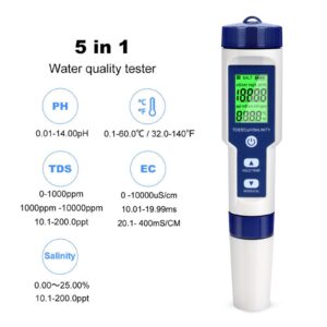 GuDoQi Digital PH Meter, 5 in 1 Water Quality Tester with Backlight, PH/TDS/EC/Salinity/Temp Meter with ATC, 0.01 Resolution High Accuracy Pen Type Tester, for Aquarium, Spas, Drinking Water