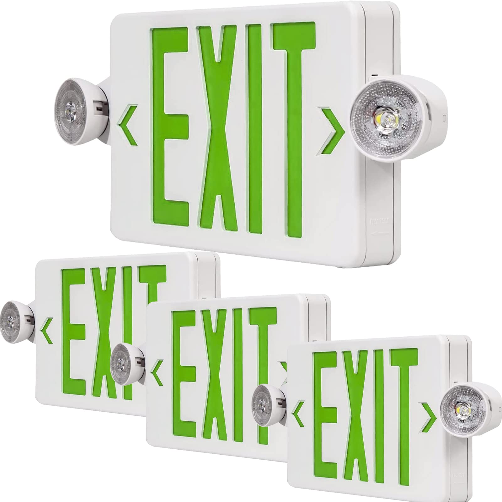 Green LED Exit Sign Emergency Light Combination Adjustable Two Heads and Battery Backup, US Standard Commercial Emergency Exit Lighting, Fire Resistant UL 924 AC 120/277V (4-Pack)