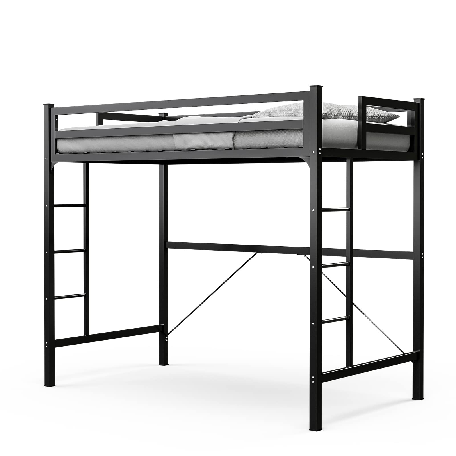 AOVSA Metal Loft Bed Twin Size with 2 Ladders, Junior Metal Twin Over Loft Bunk Bed with Safety Guard for Adults Teens/Space-Saving/Noise Free/No Box Spring Needed - Black