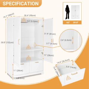 VINGLI Wide White Armoire Wardrobe Closet with Adjustable Shelves and Drawers, 60" Freestanding Closet Wardrobe Cabinet, Armoires and Wardrobes with Doors for Kids' Room, Dorm