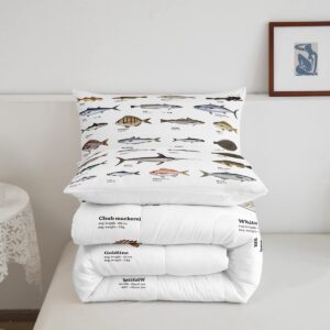 Bass Fish Comforter Set for Boys Girls Farmhouse Fishing and Hunting Theme Bedding Set, Samll Fish Pattern Duvet Insert Big Pike Fishing Quilt Fishing Lures Hook Hunting Quilted Duvet Twin Size