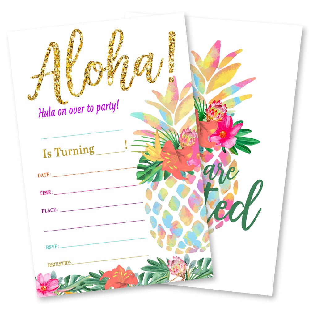 Grace Yonks Pineapple Birthday Invitation, Tropical Party Invite, Luau Hawaiian Invitation, 20 Invitations and Envelopes, Pool Birthday party Invitations, Pool Birthday Party Supplies.(027-1)