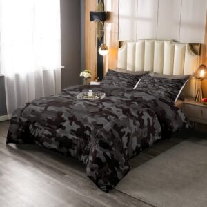 Army Camo Comforter Set, Black Camouflage Quilted Duvet For Kids Boys Teens Adult Men, Military Camo Bedding Set Black Grey Lightweight Down Comforter, 1 Comforter + 2 Pillow Cases, Queen Size