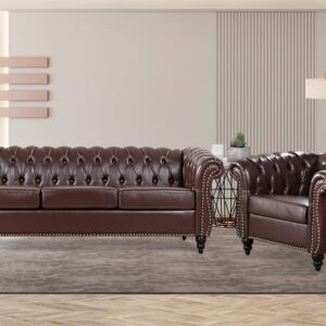 Vaztrlus Brown Leather Sectional Chesterfield Sofa Set, Luxury Couch for Living Room, Comfy Deep-Seat 3-Seater Couch and Chair Set for Bedroom, Office, or Apartment. Tool-Free 2-Piece Assembly.