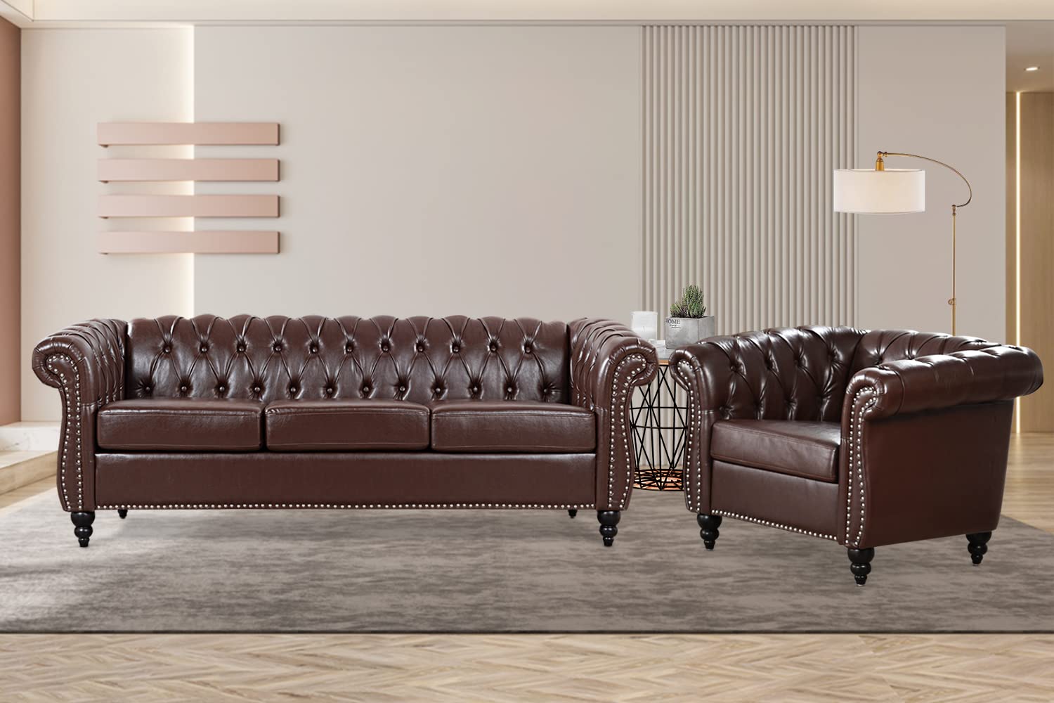 Vaztrlus Brown Leather Sectional Chesterfield Sofa Set, Luxury Couch for Living Room, Comfy Deep-Seat 3-Seater Couch and Chair Set for Bedroom, Office, or Apartment. Tool-Free 2-Piece Assembly.