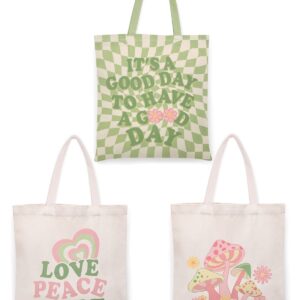 Percozzi 3 Pieces Danish Pastel Canvas Tote Bag Green and Pink Mushroom Shopping Bags Y2K Aesthetic Shoulder Bags for Supplies Gift