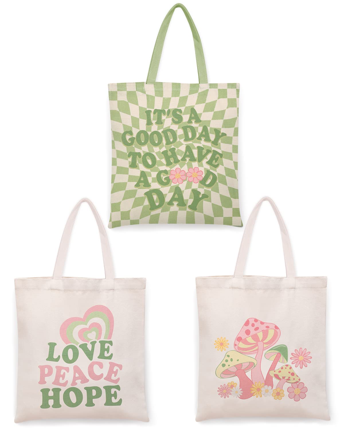 Percozzi 3 Pieces Danish Pastel Canvas Tote Bag Green and Pink Mushroom Shopping Bags Y2K Aesthetic Shoulder Bags for Supplies Gift