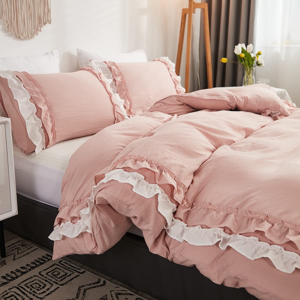 Shabby Chic 3 Pieces Bedding,Vintage Ruffled Queen Duvet Cover Set with 2 Layers Ruffles,Soft Brushed Microfiber Set with Zipper Closure,Lightweight Duvet Cover Set