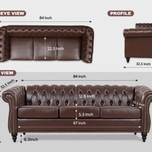 Vaztrlus Brown Leather Sectional Chesterfield Sofa Set, Luxury Couch for Living Room, Comfy Deep-Seat 3-Seater Couch and Chair Set for Bedroom, Office, or Apartment. Tool-Free 2-Piece Assembly.