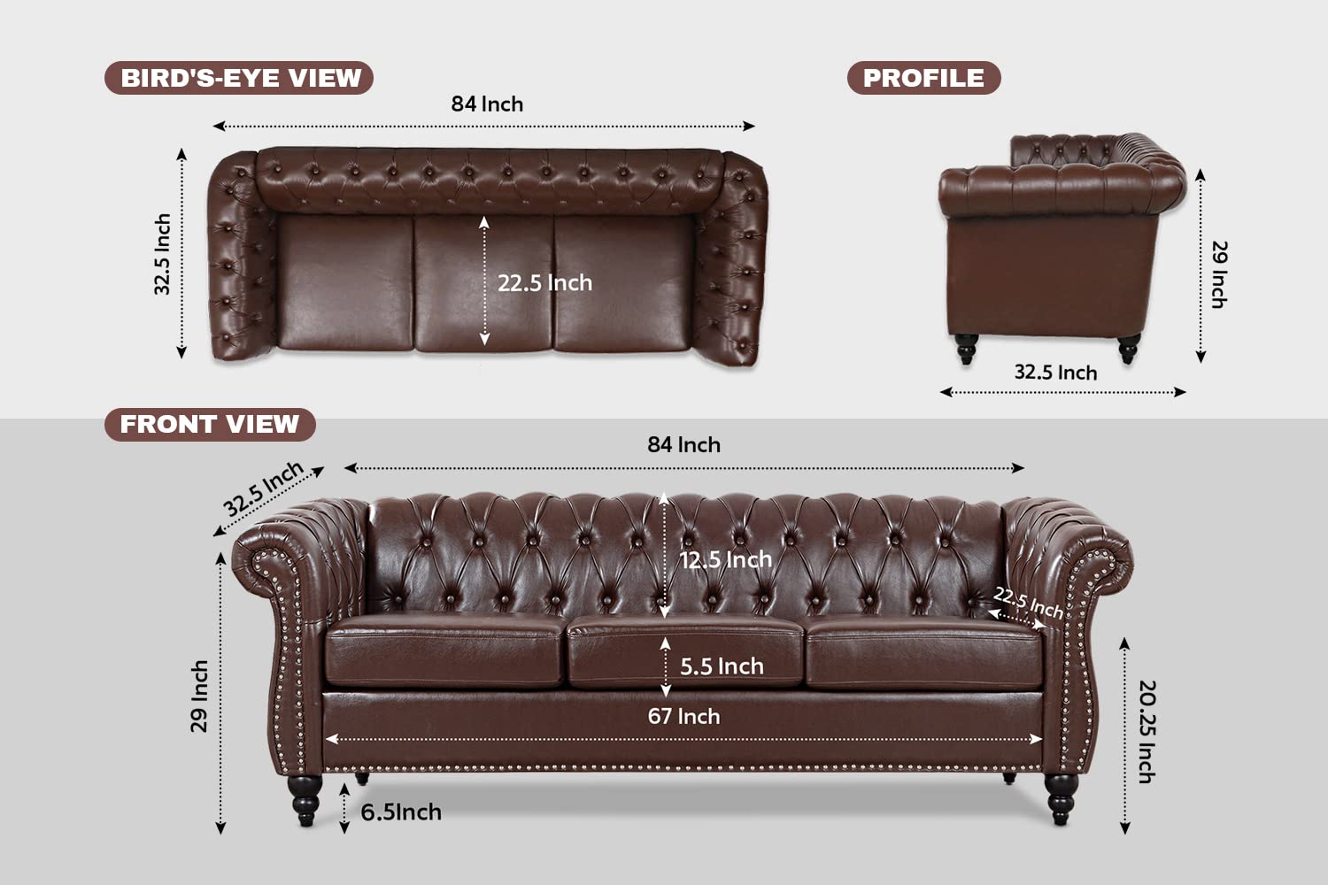 Vaztrlus Brown Leather Sectional Chesterfield Sofa Set, Luxury Couch for Living Room, Comfy Deep-Seat 3-Seater Couch and Chair Set for Bedroom, Office, or Apartment. Tool-Free 2-Piece Assembly.