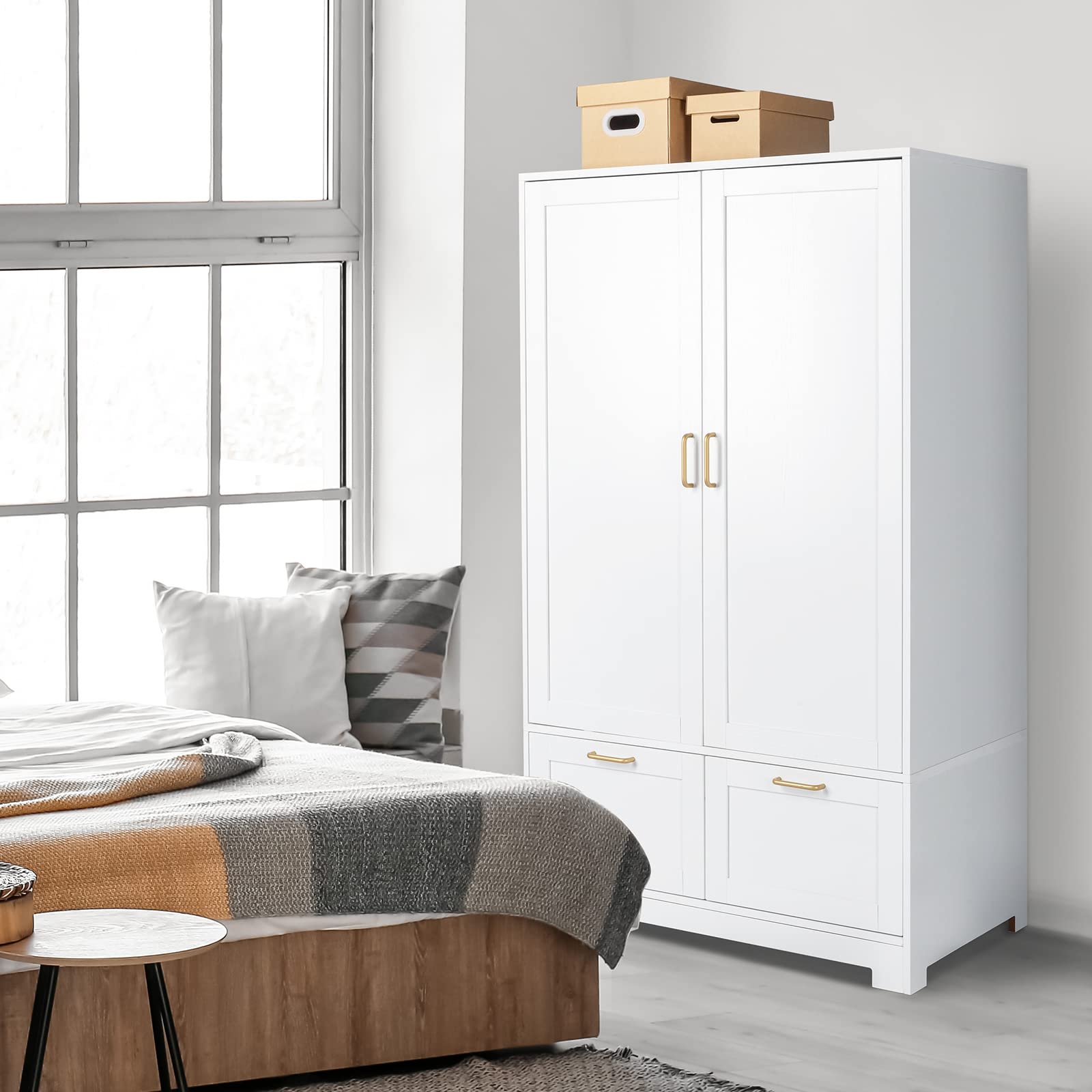 VINGLI Wide White Armoire Wardrobe Closet with Adjustable Shelves and Drawers, 60" Freestanding Closet Wardrobe Cabinet, Armoires and Wardrobes with Doors for Kids' Room, Dorm