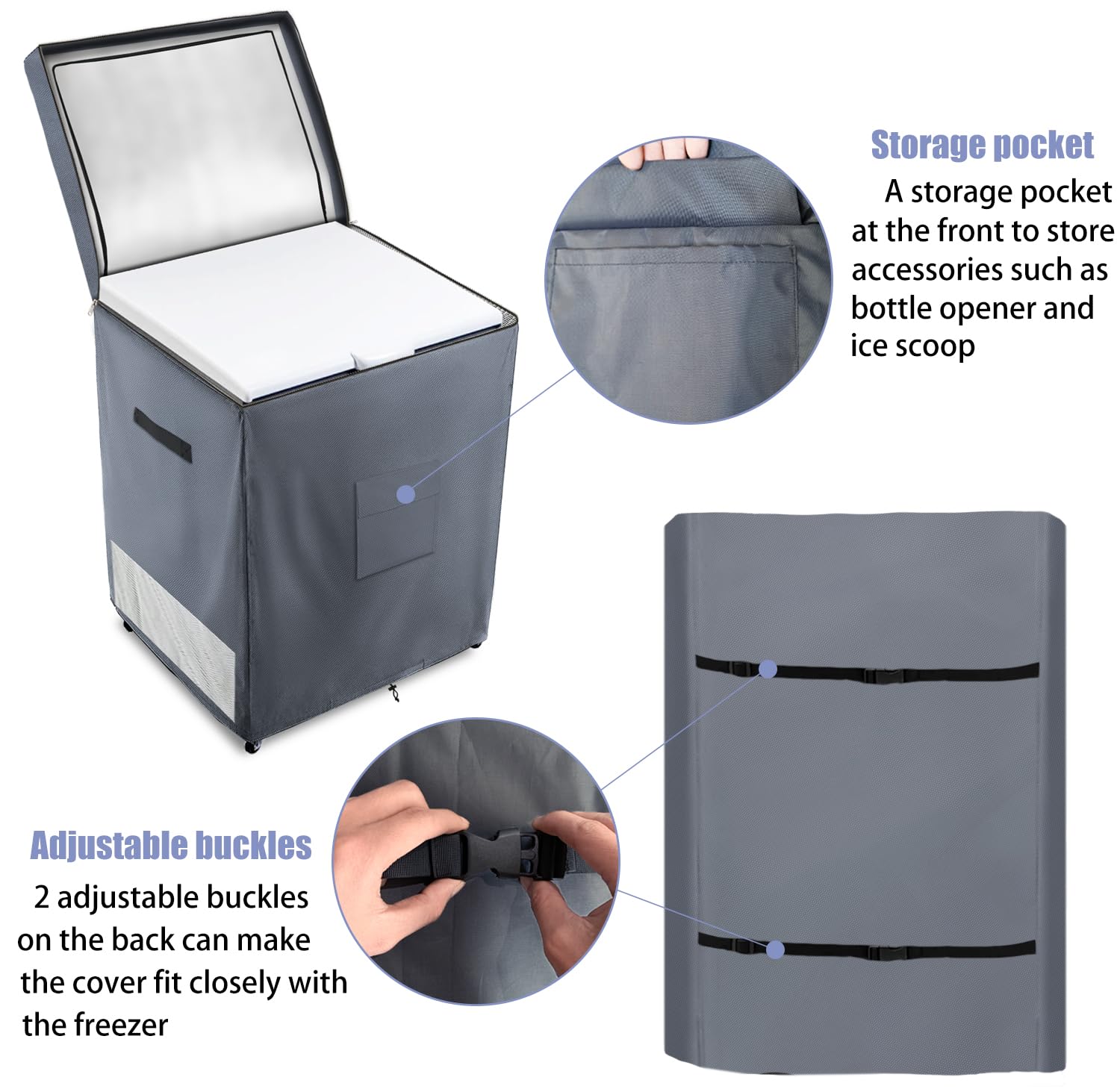 Dalema Outdoor Deep Freezer Cover,Heavy Duty 600D 100% Waterproof Chest Freezer Cover,Freezer Covers for Outside 5.0 Cubic Chest Freezer,Top Can Be Opened by Zipper(28"W x 23"D x 34"H,Grey)