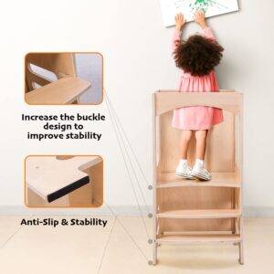 Kitchen Step Stool for Toddler with Kids,Wooden Montessori Learning Stool,with Drawing Board and Educational Number Stickers & Slide,Help Children Stand Tower and Improving Enlightenment Education