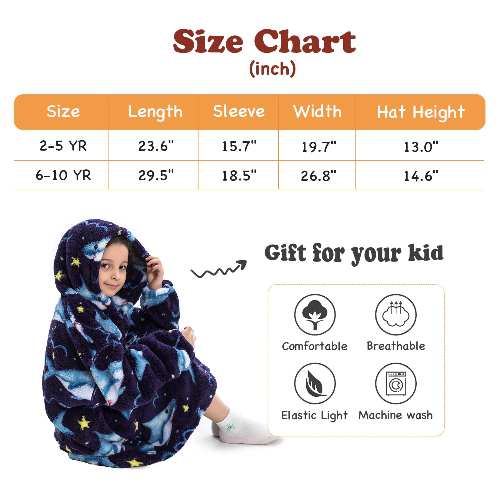 Wearable Blanket Hoodie for Kids Toddler Oversized Sweatshirt Cute Fleece Sherpa Blanket Girls Boys Shark 6-10 Year