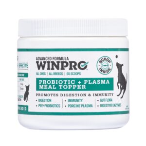 winpro dog probiotic powder meal topper, spray dried plasma with prebiotics and probiotics for digestive support and gut health for dogs, all breeds, ages, and sizes, 60 scoops, made in usa