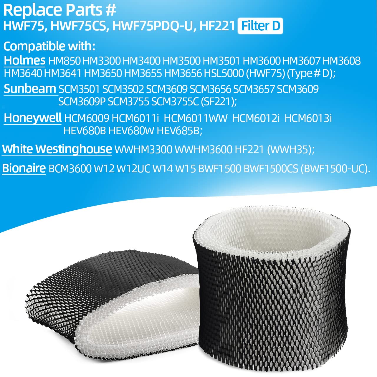 Alocs HWF75 Humidifier Filter D Replacement for Holmes - HM3500 HM3600 HM3650 HM3655 HM3656; Honey-well HCM6009; Sunbeam SCM3501 SCM3609 SCM3755C humidifier (2 Pack)