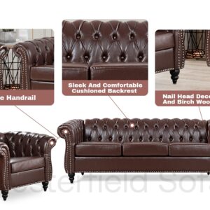 Vaztrlus Brown Leather Sectional Chesterfield Sofa Set, Luxury Couch for Living Room, Comfy Deep-Seat 3-Seater Couch and Chair Set for Bedroom, Office, or Apartment. Tool-Free 2-Piece Assembly.