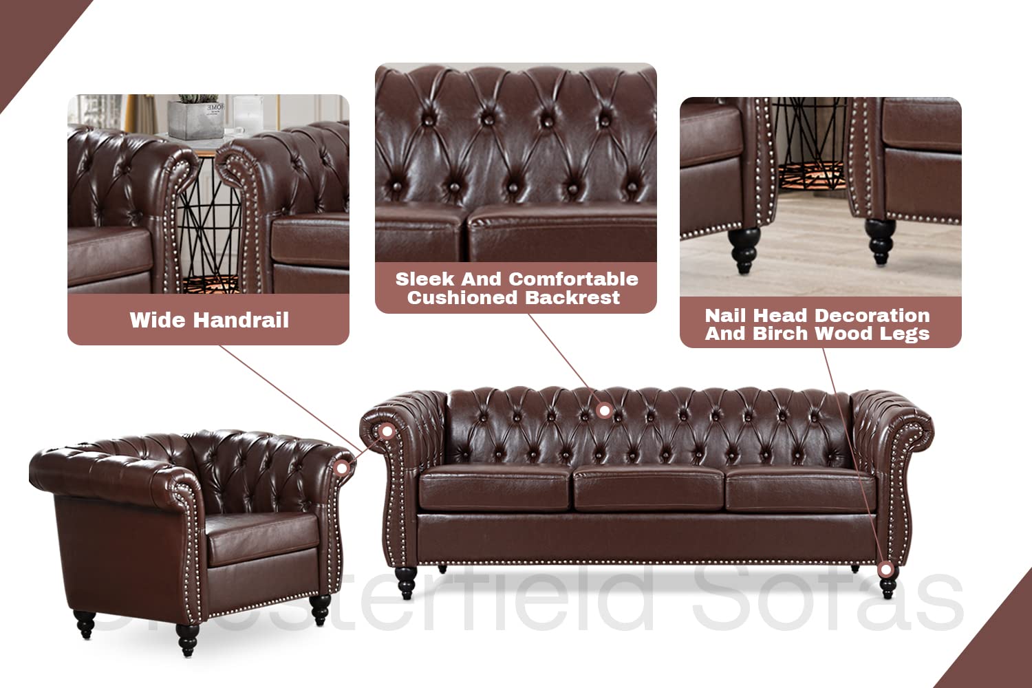 Vaztrlus Brown Leather Sectional Chesterfield Sofa Set, Luxury Couch for Living Room, Comfy Deep-Seat 3-Seater Couch and Chair Set for Bedroom, Office, or Apartment. Tool-Free 2-Piece Assembly.