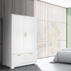 VINGLI Wide White Armoire Wardrobe Closet with Adjustable Shelves and Drawers, 60" Freestanding Closet Wardrobe Cabinet, Armoires and Wardrobes with Doors for Kids' Room, Dorm