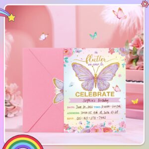 24 Pcs Birthday Butterfly Invitations Butterfly Birthday Party Invitations with Envelopes Floral Butterfly Invitation Cards Stickers for Butterfly Party Birthday Baby Shower Wedding Decor (Purple)