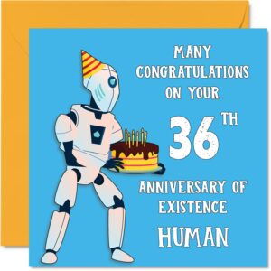 funny 36th birthday cards for men woman - robot droid - happy birthday card for dad mom son daughter brother sister uncle aunt cousin, 5.7 x 5.7 inch joke humor greeting cards