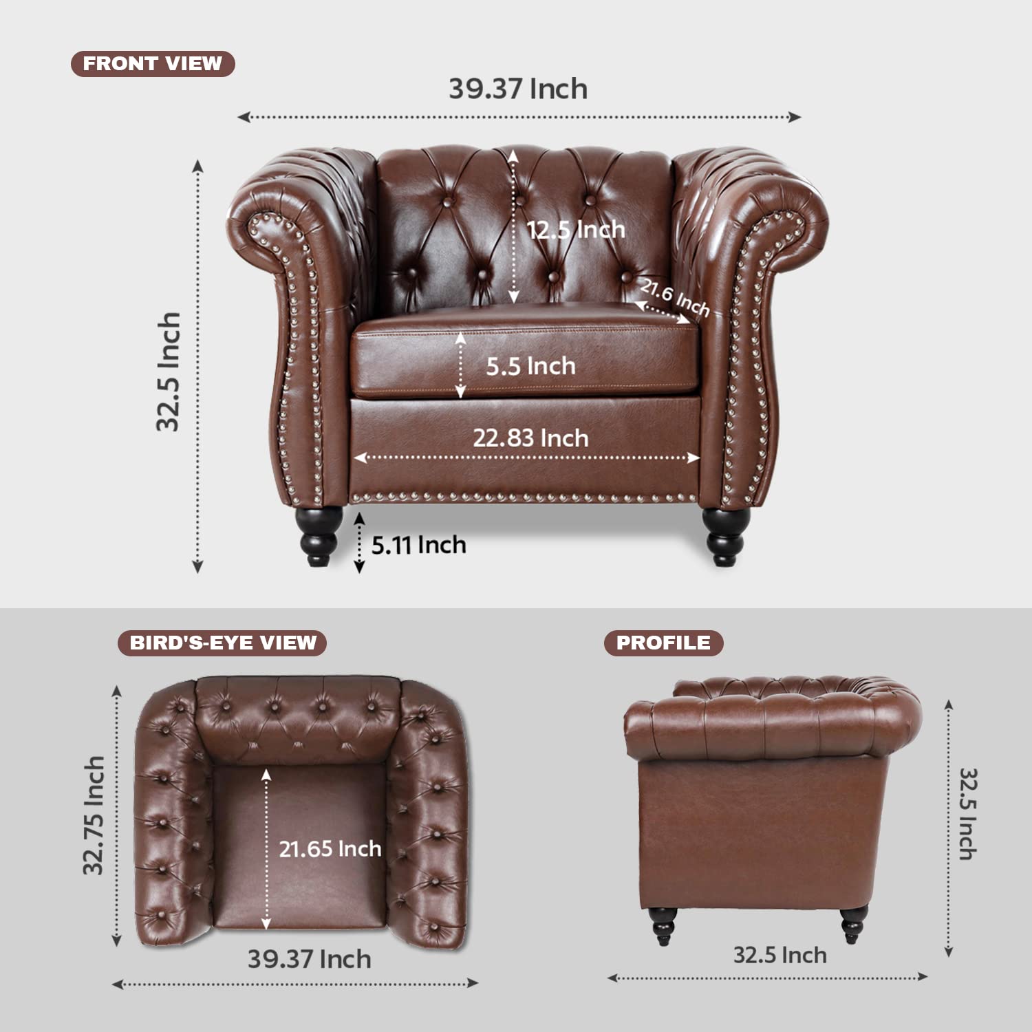 Vaztrlus Chesterfield Chairs, Brown Faux Leather Chairs Living Room, Roll Arm Accent Chairs, Deep Seat Comfy Classic Club Wingback Single Sofa Chair for Bedroom Office Sofa Chair