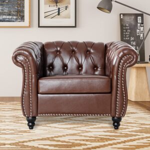 Vaztrlus Chesterfield Chairs, Brown Faux Leather Chairs Living Room, Roll Arm Accent Chairs, Deep Seat Comfy Classic Club Wingback Single Sofa Chair for Bedroom Office Sofa Chair