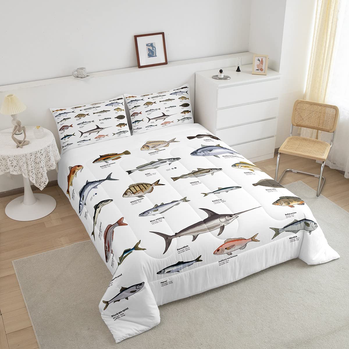 Bass Fish Comforter Set for Boys Girls Farmhouse Fishing and Hunting Theme Bedding Set, Samll Fish Pattern Duvet Insert Big Pike Fishing Quilt Fishing Lures Hook Hunting Quilted Duvet Twin Size